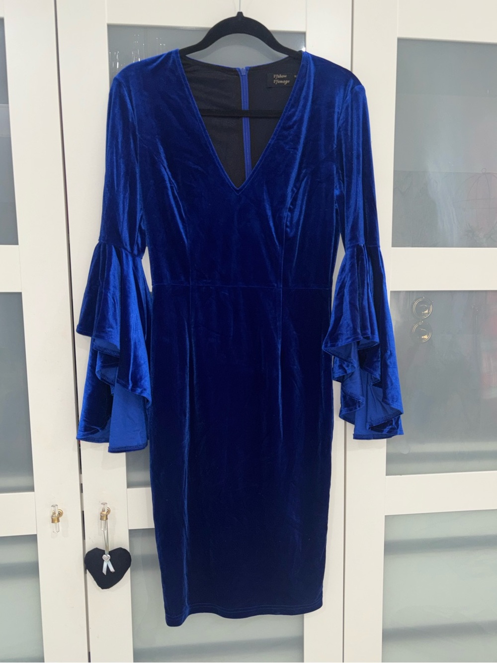 Blue Velvet Bell Sleeve Party Dress S